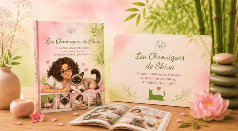 Les Chroniques de Shiva – Lydie Bien-Être Les Chroniques de Shiva, bande dessinée bien-être avec Lydie et Shiva, sa petite assistante féline.