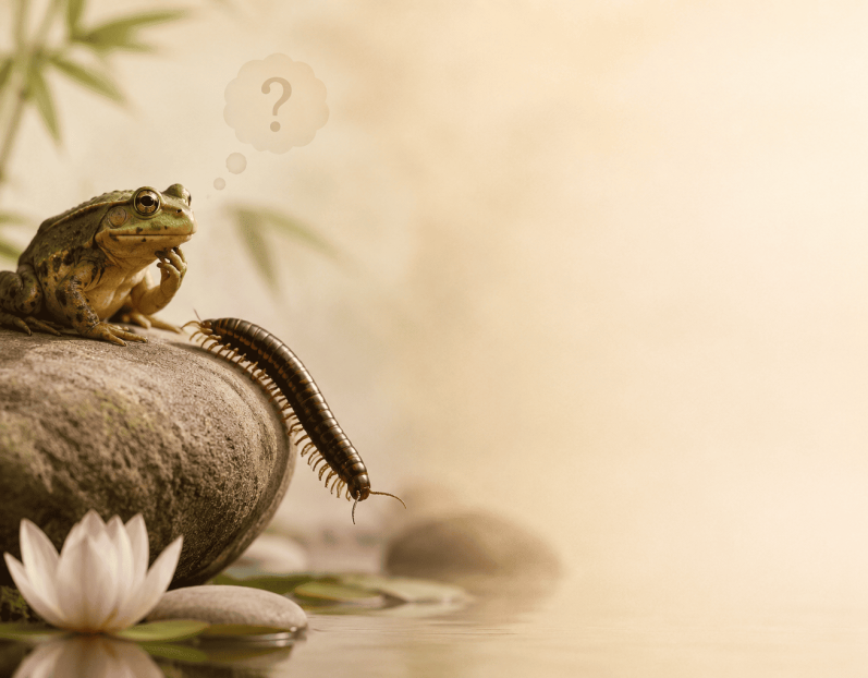Jolie pensée zen – La grenouille et le mille-pattes Une grenouille observe un mille-pattes et se demande comment il fait pour marcher avec toutes ses pattes, dans une ambiance douce et zen.
